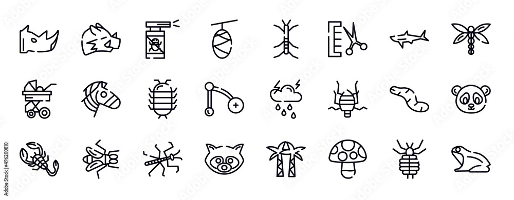 Naklejka premium nature thin line icons collection. nature editable outline icons set. shark, dragon fly, stroller, zebra, cochineal, branch stock vector.
