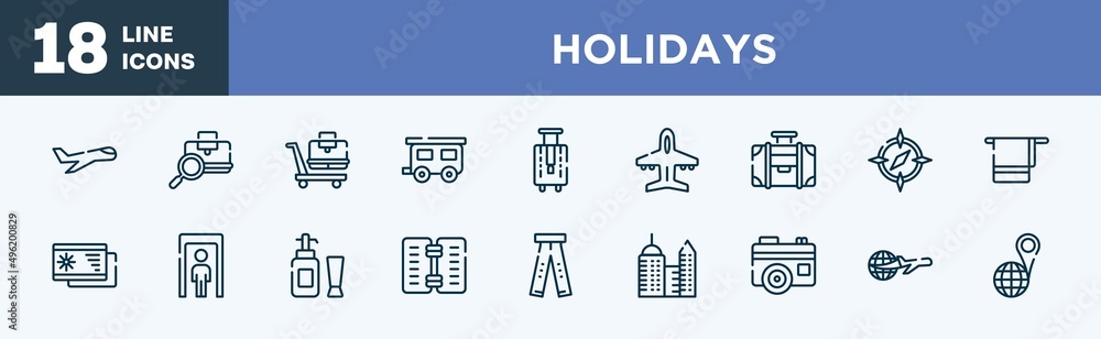 set of holidays icons in outline style. holidays thin line icons collection. aviation, baggage verification, null, house trailer, bag for travel, plane diagonal vector. set of holidays icons in outline style. holidays thin line icons collection. aviation, baggage verification, null, house trailer, bag for travel, plane diagonal vector.