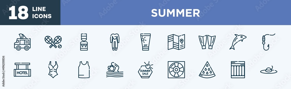 set of summer icons in outline style. summer thin line icons collection. ice cream van, rackets, dispenser, wetsuit, sunscreen, travel guide vector. set of summer icons in outline style. summer thin line icons collection. ice cream van, rackets, dispenser, wetsuit, sunscreen, travel guide vector.