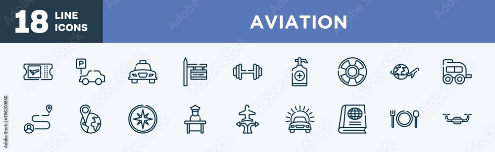 set of aviation icons in outline style. aviation thin line icons collection. boarding card, parking car, taxi transportation, rent, gym dumbbell, sanitizer vector. set of aviation icons in outline style. aviation thin line icons collection. boarding card, parking car, taxi transportation, rent, gym dumbbell, sanitizer vector.