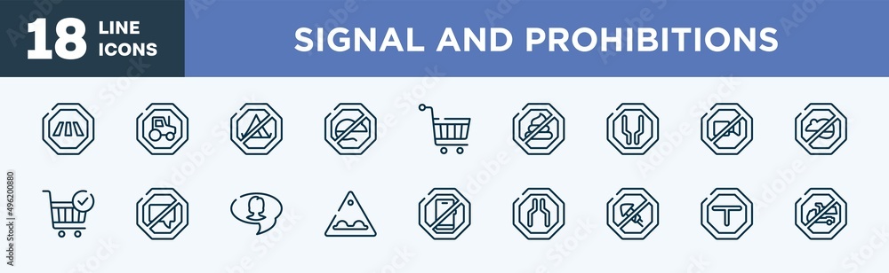 set of signal and prohibitions icons in outline style. signal and prohibitions thin line icons collection. cross road, heavy vehicle, no camping, no rodents, hand truck, no pooping vector.