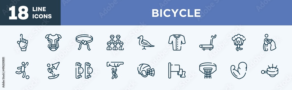 set of bicycle icons in outline style. bicycle thin line icons collection. foam hand, chest guard, belts, baseball team, seagulls, baseball jersey vector. set of bicycle icons in outline style. bicycle thin line icons collection. foam hand, chest guard, belts, baseball team, seagulls, baseball jersey vector.