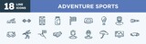 set of adventure sports icons in outline style. adventure sports thin line icons collection. fitness step, barbell, hockey pitch, energy bar, black flagged, push up vector.