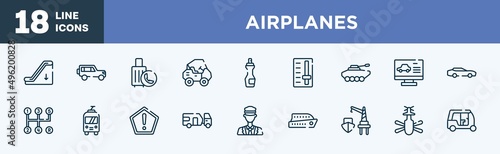 set of airplanes icons in outline style. airplanes thin line icons collection. or down, 4x4, final call, all terrain, insect repellent, gearbox vector.