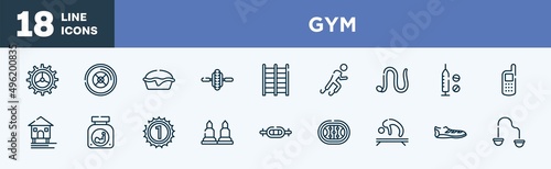 set of gym icons in outline style. gym thin line icons collection. crank, weight plates, pies, electric unicycle, trellis, paralympics vector.