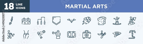 set of martial arts icons in outline style. martial arts thin line icons collection. flyboard, tactic, gym bars, home plate, handlebar, home run vector.