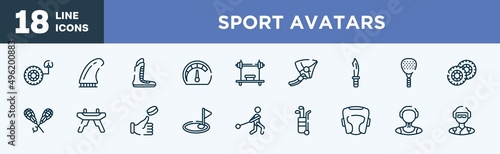 set of sport avatars icons in outline style. sport avatars thin line icons collection. tire pressure, fin, boxing shoe, mph, bench press, hang glider vector.