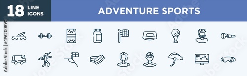 set of adventure sports icons in outline style. adventure sports thin line icons collection. fitness step, barbell, hockey pitch, energy bar, black flagged, push up vector.