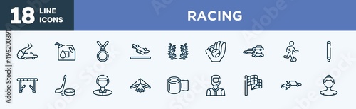 set of racing icons in outline style. racing thin line icons collection. drifting, oil down, nobel prize, null, laurel wreath, baseball ball vector.