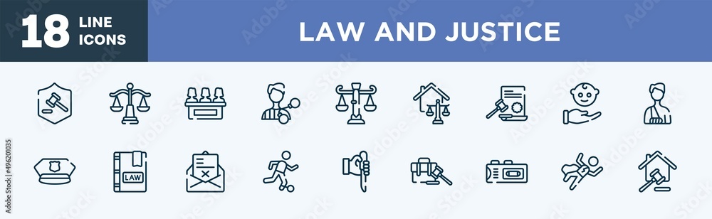 set of law and justice icons in outline style. law and justice thin line icons collection. defense, law balance, jury, criminal, business real estate vector. set of law and justice icons in outline style. law and justice thin line icons collection. defense, law balance, jury, criminal, business real estate vector.