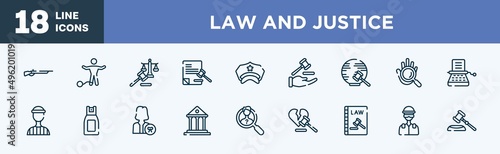 set of law and justice icons in outline style. law and justice thin line icons collection. shotgun, guilty, law and justice, legal paper, police hat, qualified protection vector.