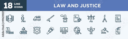 set of law and justice icons in outline style. law and justice thin line icons collection. prisoner, convict, prisoner transport vehicle, baton, witness, corporative law vector.