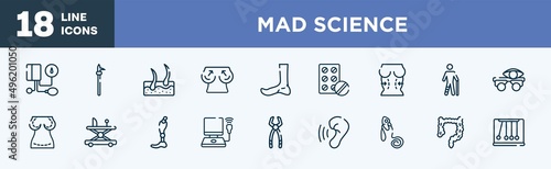 set of mad science icons in outline style. mad science thin line icons collection. tonometer, pike pole, epidermis, boobs, ankle, antibiotic vector.