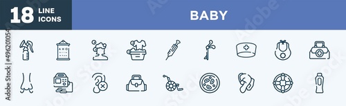 set of baby icons in outline style. baby thin line icons collection. breast pump, sight check table, hair wash, washing clothes, syringe needle, medical clamp vector.