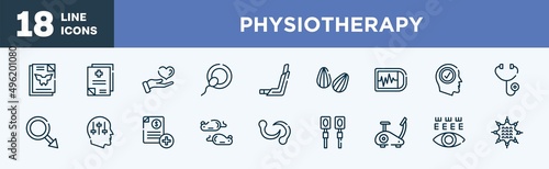 set of physiotherapy icons in outline style. physiotherapy thin line icons collection. inkblot test, medical records, medical care, insemination, inhalator, almond vector.