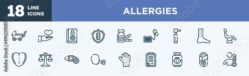 set of allergies icons in outline style. allergies thin line icons collection. buggy, donator, handbook, immunity, calcium, tensiometer vector.