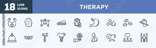 set of therapy icons in outline style. therapy thin line icons collection. bib, allergy, crib mobile, soy, medical certificate, stoh vector.