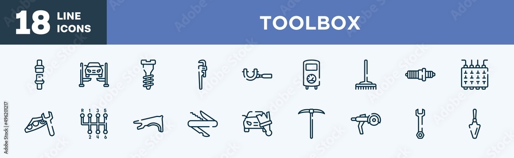 set of toolbox icons in outline style. toolbox thin line icons collection. seat belt, car lift, garage screw, stillson wrench, micrometer, boiler vector. set of toolbox icons in outline style. toolbox thin line icons collection. seat belt, car lift, garage screw, stillson wrench, micrometer, boiler vector.