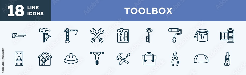 set of toolbox icons in outline style. toolbox thin line icons collection. carpenter saw, hammer and nail, lifter, double wrench, automatic transmission, antique key vector. set of toolbox icons in outline style. toolbox thin line icons collection. carpenter saw, hammer and nail, lifter, double wrench, automatic transmission, antique key vector.