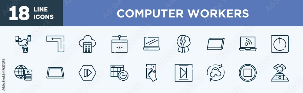 set of computer workers icons in outline style. computer workers thin line icons collection. synchronized devices, keyboard key enter, calendar on cloud, network administration, laptop frontal