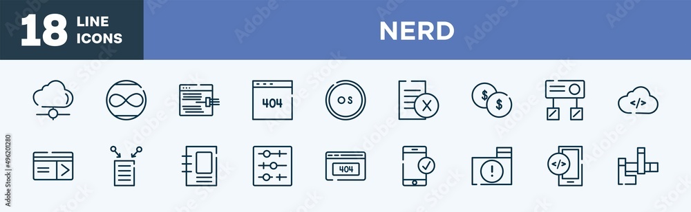 set of nerd icons in outline style. nerd thin line icons collection. cloud network, unlimited, code injection, error 404, operating system, delete file vector. set of nerd icons in outline style. nerd thin line icons collection. cloud network, unlimited, code injection, error 404, operating system, delete file vector.