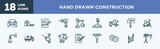 set of hand drawn construction icons in outline style. hand drawn construction thin line icons collection. toolbox hand drawn tool, measuring tape, measures plan, hine drill, big derrick with boxes,