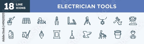 set of electrician tools icons in outline style. electrician tools thin line icons collection. crucible, tiles, dozer, crimping pliers, drawing tool, geodetic vector.