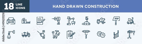 set of hand drawn construction icons in outline style. hand drawn construction thin line icons collection. toolbox hand drawn tool, measuring tape, measures plan, hine drill, big derrick with boxes,