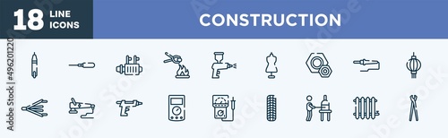 set of construction icons in outline style. construction thin line icons collection. voltage indicator, autoloader, starter, furnace, spray paint gun, tailor vector.