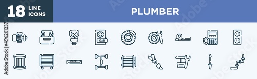 set of plumber icons in outline style. plumber thin line icons collection. pump, wrench and nut, ecologic light bulb, cad, brake disc, tyre vector.