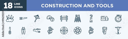 set of construction and tools icons in outline style. construction and tools thin line icons collection. cushion, hacksaw, japanese umbrella, oil gauge, barricade, stepladder vector.