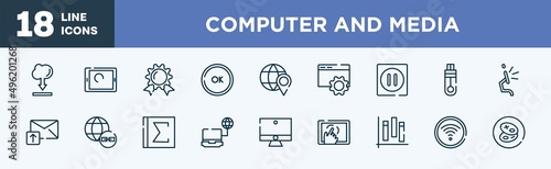 set of computer and media icons in outline style. computer and media thin line icons collection. internet cloud download, touch screen, wax seal with ribbon, ok button, placeholder on a globe,