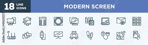set of modern screen icons in outline style. modern screen thin line icons collection. server from client, data transference by internet, spreadsheet column, button touch, notebook double tool