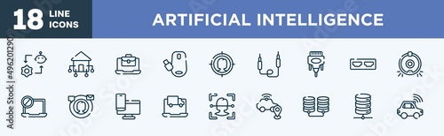 set of artificial intelligence icons in outline style. artificial intelligence thin line icons collection. synchronizing, domotics, job opportunities, wireless mouse, target audience, jack vector.