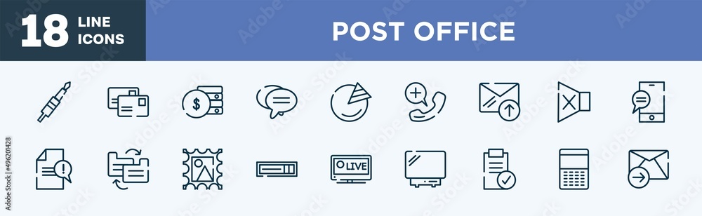 set of post office icons in outline style. post office thin line icons collection. jack cable, postal, fiance, bubble chat, pie graph, emergency call vector.