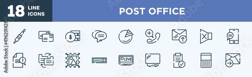 set of post office icons in outline style. post office thin line icons collection. jack cable, postal, fiance, bubble chat, pie graph, emergency call vector.
