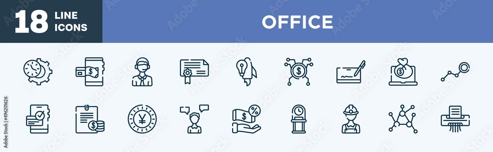 set of office icons in outline style. office thin line icons collection. time management, mobile payment, online support, authorization, start up, spreading vector. set of office icons in outline style. office thin line icons collection. time management, mobile payment, online support, authorization, start up, spreading vector.