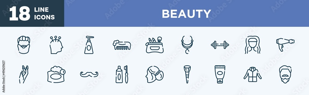 set of beauty icons in outline style. beauty thin line icons collection. man with moustache and bear, acupuncture, soap dispenser, hand comb, cosmetic case, aztec necklace vector. set of beauty icons in outline style. beauty thin line icons collection. man with moustache and bear, acupuncture, soap dispenser, hand comb, cosmetic case, aztec necklace vector.