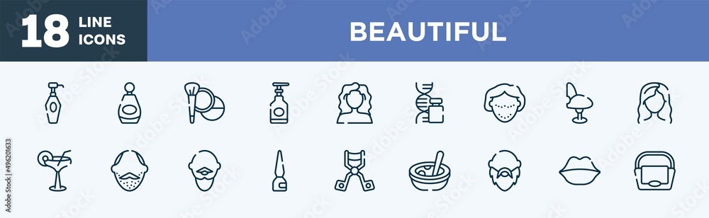 set of beautiful icons in outline style. beautiful thin line icons collection. lotion bottle, beauty perfume, cosmetic, hand soap, curly hair, gene vector. set of beautiful icons in outline style. beautiful thin line icons collection. lotion bottle, beauty perfume, cosmetic, hand soap, curly hair, gene vector.