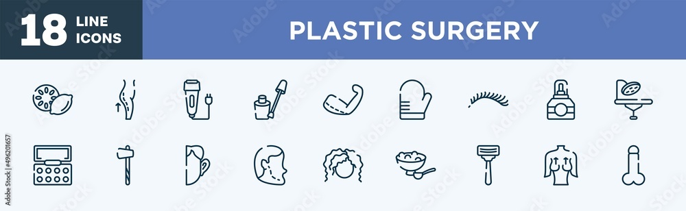 set of plastic surgery icons in outline style. plastic surgery thin line icons collection. lemon slice, lifting, electric razor, nail color, brachioplasty, oven mitt vector. set of plastic surgery icons in outline style. plastic surgery thin line icons collection. lemon slice, lifting, electric razor, nail color, brachioplasty, oven mitt vector.