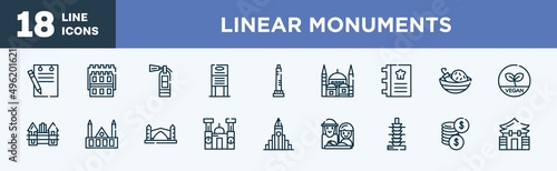 set of linear monuments icons in outline style. linear monuments thin line icons collection. padnote, white tower of thessaloniki, extinguishing, daily specials board, walled obelisk, blue mosque