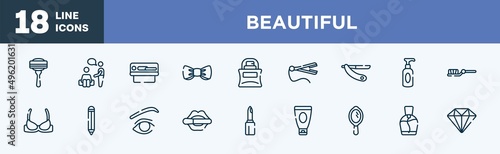 set of beautiful icons in outline style. beautiful thin line icons collection. disposable razor, therapy, solarium, wedding bow tie, parfume bottle, straightener vector.