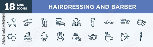 set of hairdressing and barber icons in outline style. hairdressing and barber thin line icons collection. sun and deck chair, two eyeliners, null, cosmetics products, consultation, hair shaver
