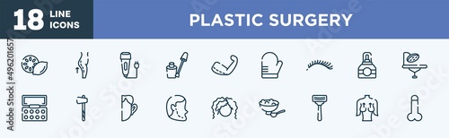 set of plastic surgery icons in outline style. plastic surgery thin line icons collection. lemon slice, lifting, electric razor, nail color, brachioplasty, oven mitt vector.