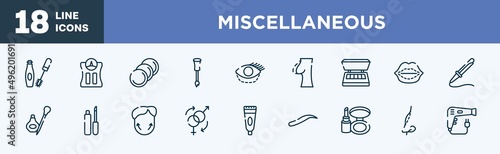 set of miscellaneous icons in outline style. miscellaneous thin line icons collection. mascara makeup, bathroom scale, cotton discs, nail brush, blepharoplasty, nipple vector.