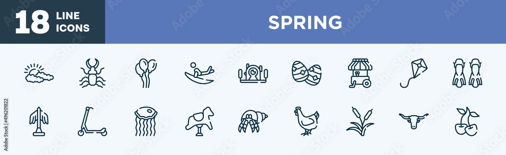 Fototapeta premium set of spring icons in outline style. spring thin line icons collection. cloudy, stag beetle, balloons, surf, underwater photography, easter egg vector.