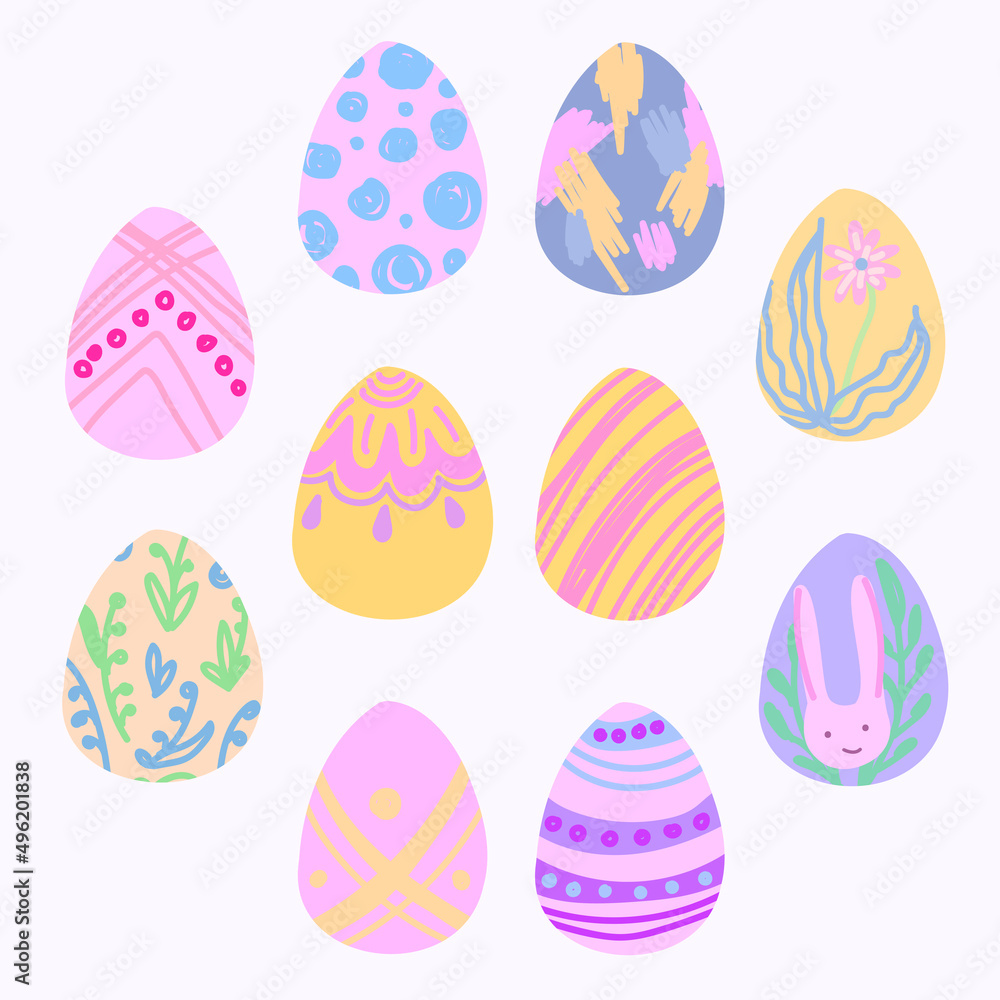 Set of Easter painted eggs in doodle style.