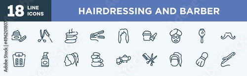 set of hairdressing and barber icons in outline style. hairdressing and barber thin line icons collection. skincare, scissor and comb, hot stone, hair straightener, female hair, bubbles vector.