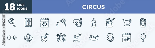 set of circus icons in outline style. circus thin line icons collection. caramel, bible, autumn, headband, snorkel, candles vector.
