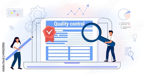 Quality control and product satisfaction research check Controlling business iso standard certificate accept Validation documents Inspection errors or mistakes Vector illustration concept Flat style